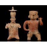 TWO PRE COLUMBIAN STYLE TERRACOTTA FIGURES A Colima-style seated male figure with a bowl on the