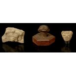 THREE PRE-COLUMBIAN POTTERY FRAGMENTS, MEXICO Including a plaque showing a priest's head, wearing