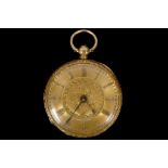 A 19th Century 18ct gold fob watch by 'G.W. Bennett of Bolackheath', with floral engraved gilt dial,