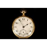 A late 19th century Continental 18 carat yellow gold cased open faced pocket watch, with silvered