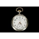 A vintage Goliath open faced pocket watch by Doxa, with white dial, Arabic numerals and sub-