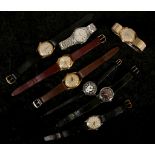 A collection of eight various gent's watches, to include an early 20th Century silver cased trench