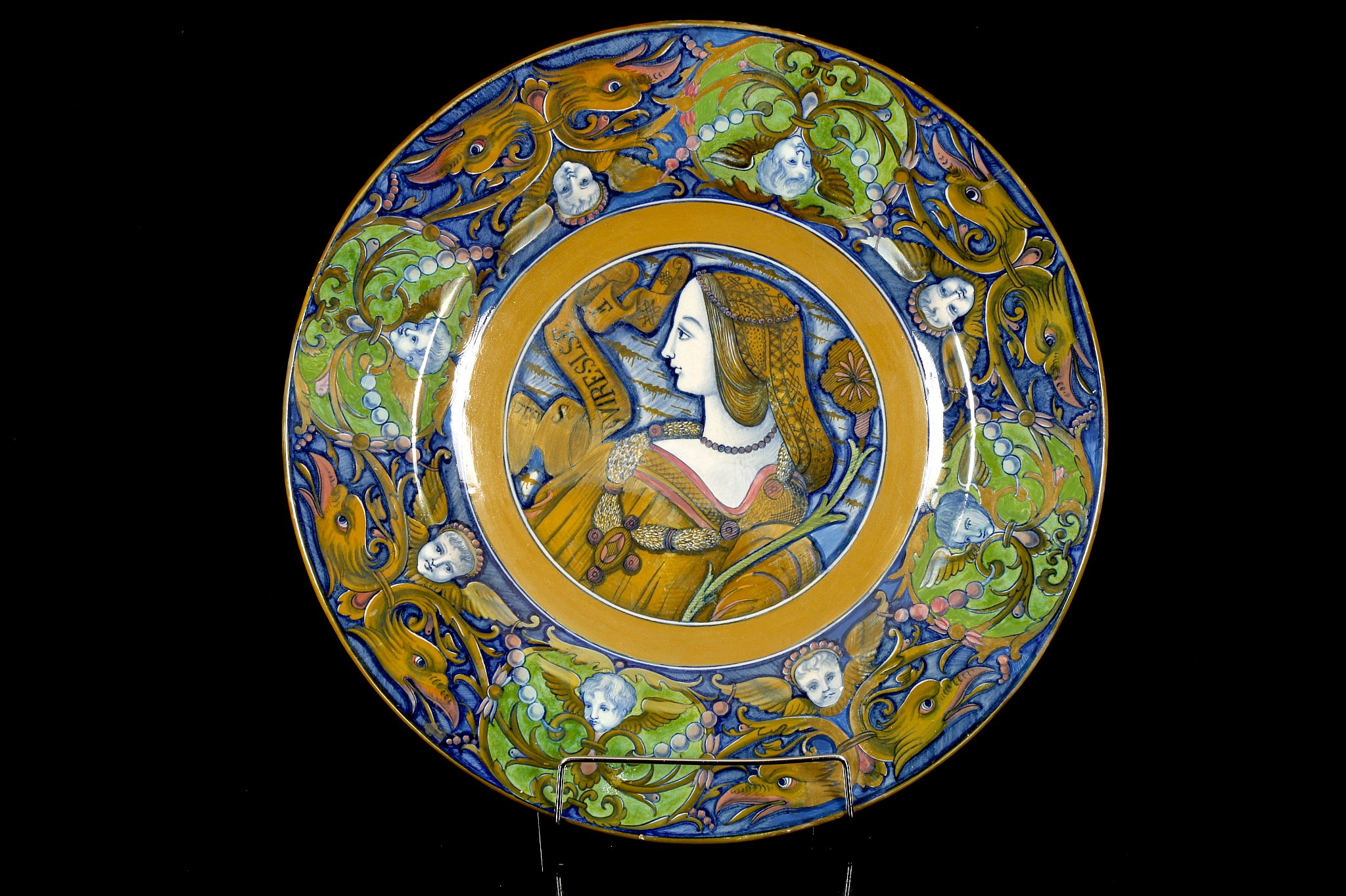 A CANTAGALLI 'LA BELLA' LUSTRE CHARGER, c.1900, painted rooster marks under (40cm diameter).