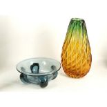 A MURANO green and amber vase, (34cm high), together with a Scandinavian blue glass, lobed fruit