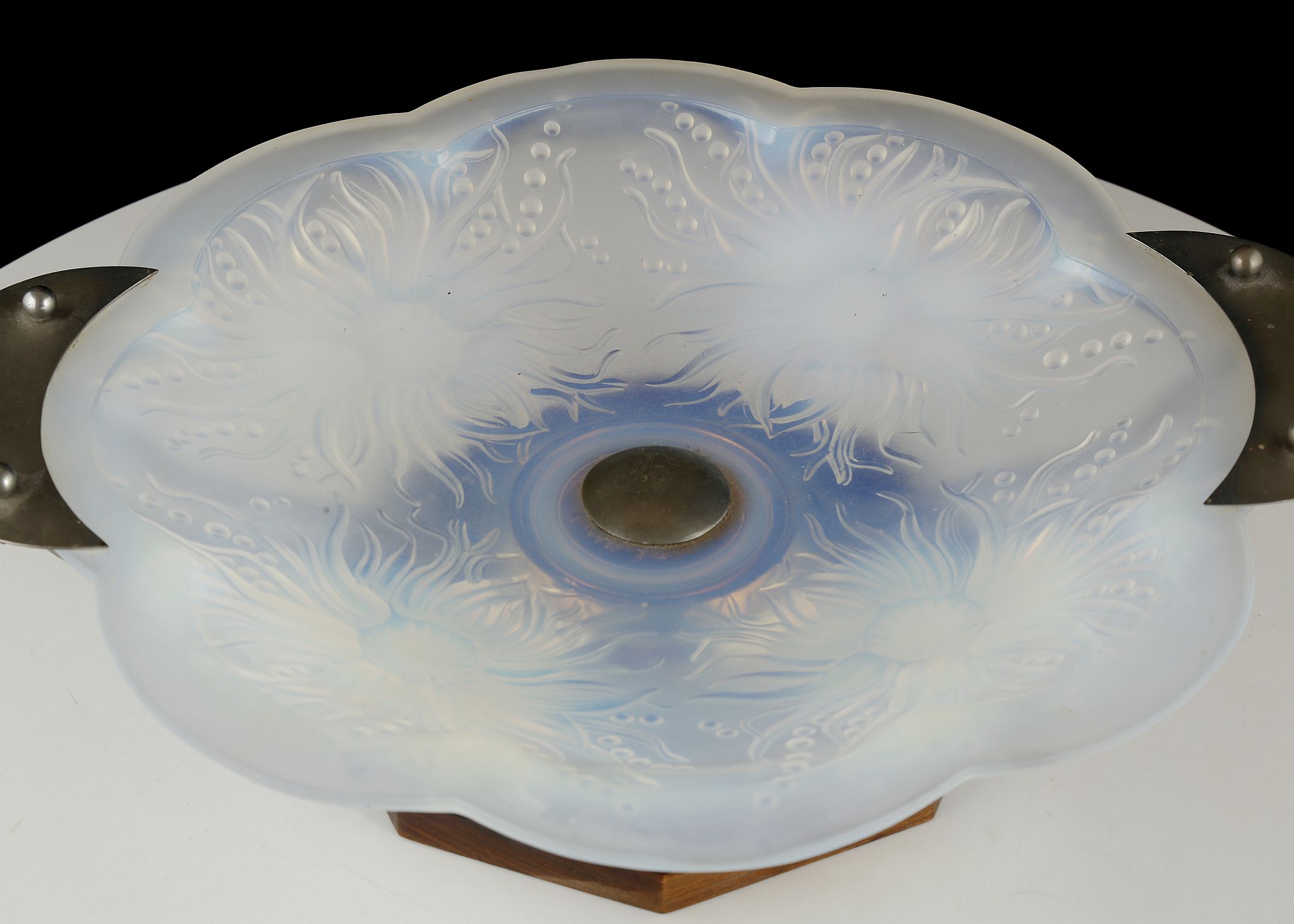 A 1930's OPALESCENT GLASS CENTREPIECE BOWL, with moulded sea urchin design, an metal mounted with - Image 2 of 4