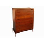 A 1960'S DANISH TEAK TALL BOY CHEST OF DRAWERS, with seven drawers (100cm x 45cm x 121cm high).