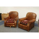A PAIR OF 1930s FRENCH TAN LEATHER CLUB CHAIRS (80cm wide x 85cm high).