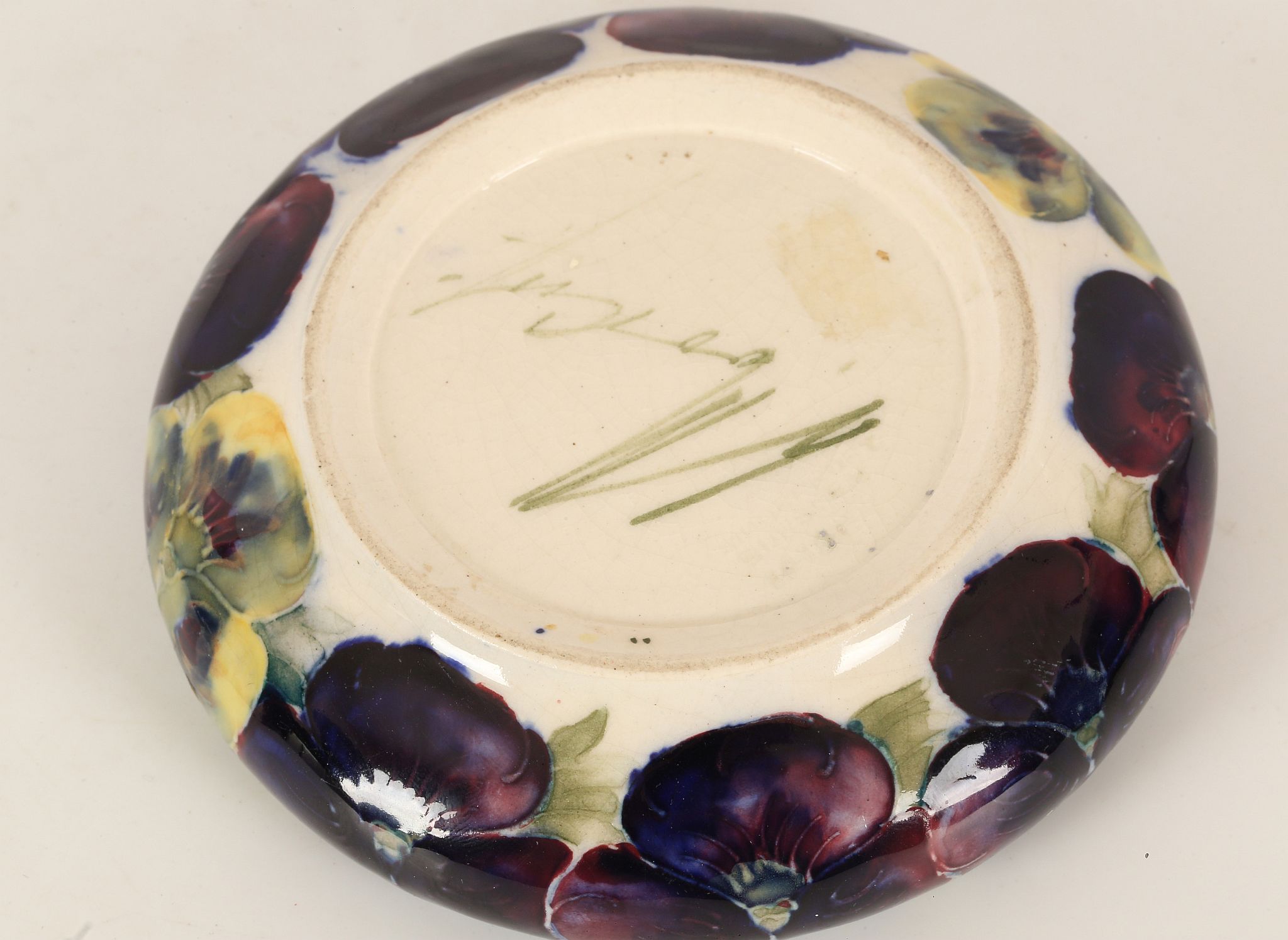 WILLIAM MOORCROFT 'PANSY' DISH, CIRCA 1920, with inverted rim, green painted signature under, ( - Image 3 of 3