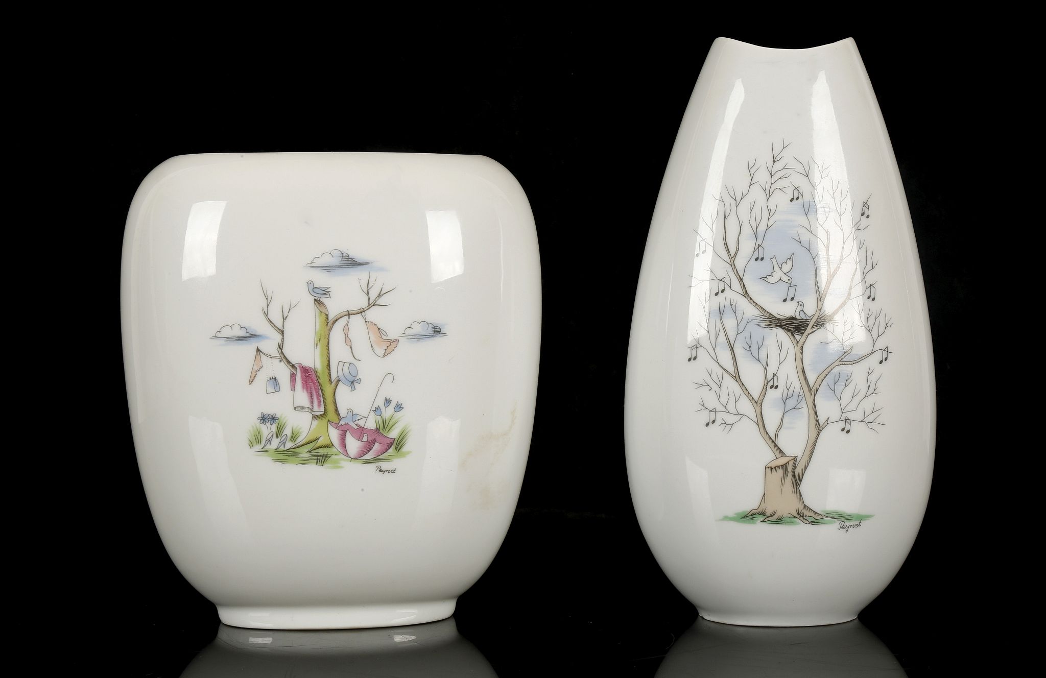ROSENTHAL GERMANY, two 1960's porcelain vases decorated with designs by Raymond Peynet, stamped with