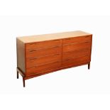 A 1960'S DANISH TEAK CHEST OF DRAWERS, with double bank of four drawers (150cm x 45cm, 79cm high).