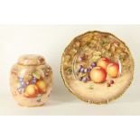 A MID 20TH CENTURY ROYAL WORCESTER BONE CHINA GINGER JAR AND COVER, painted with summer fruit,