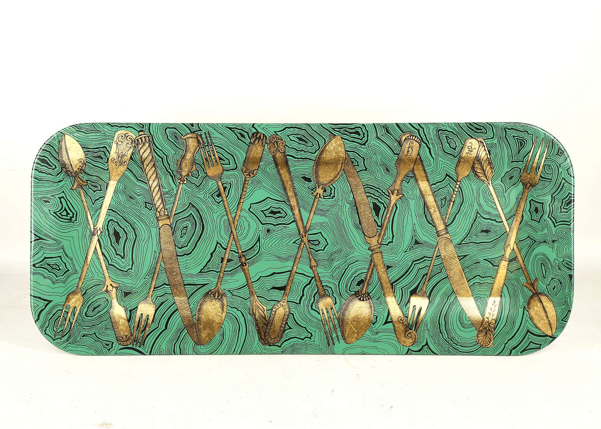 A 1950'S PIERO FORNASETTI METAL TRAY, with gilt cutlery decoration, on malachite design ground (59cm