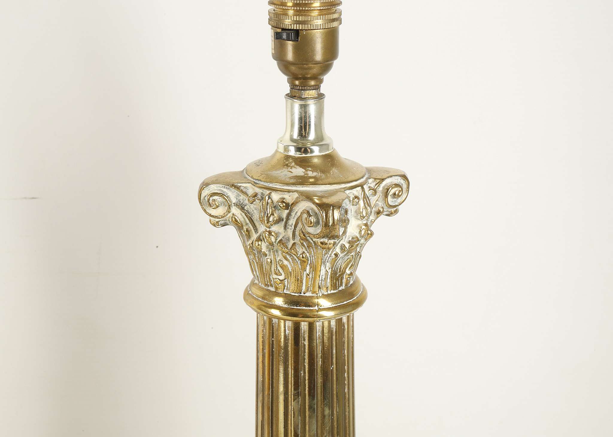 A pair of early 20th Century brass mounted Corinthian shaped lamp bases, fitted for electricity, - Image 2 of 2