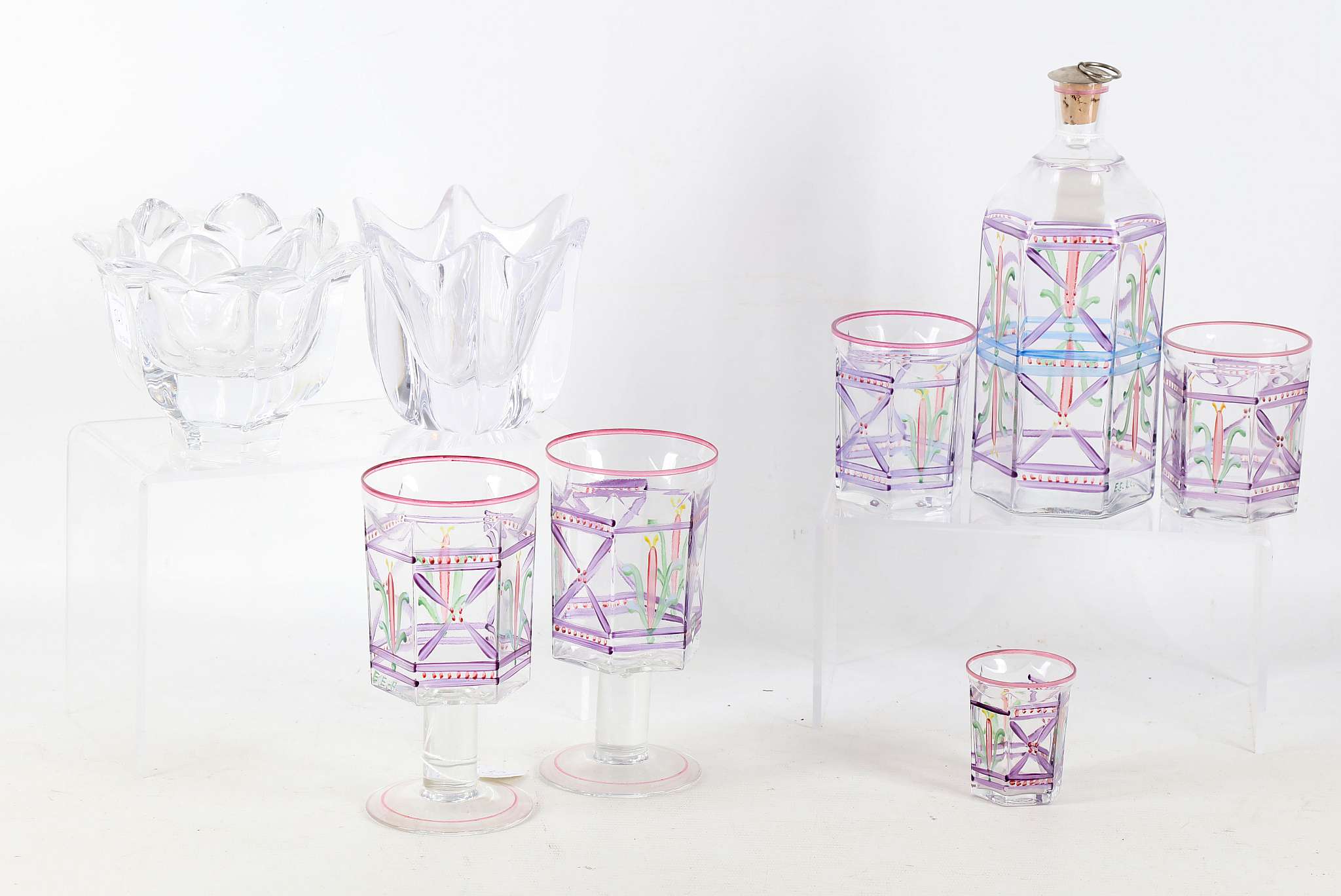 A set of Orrefors cold-painted octagonal glassware(5).