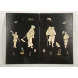 Japanese Shibayama decorated panels, signed, studies of field workers, 53.5 x 35.5cm.