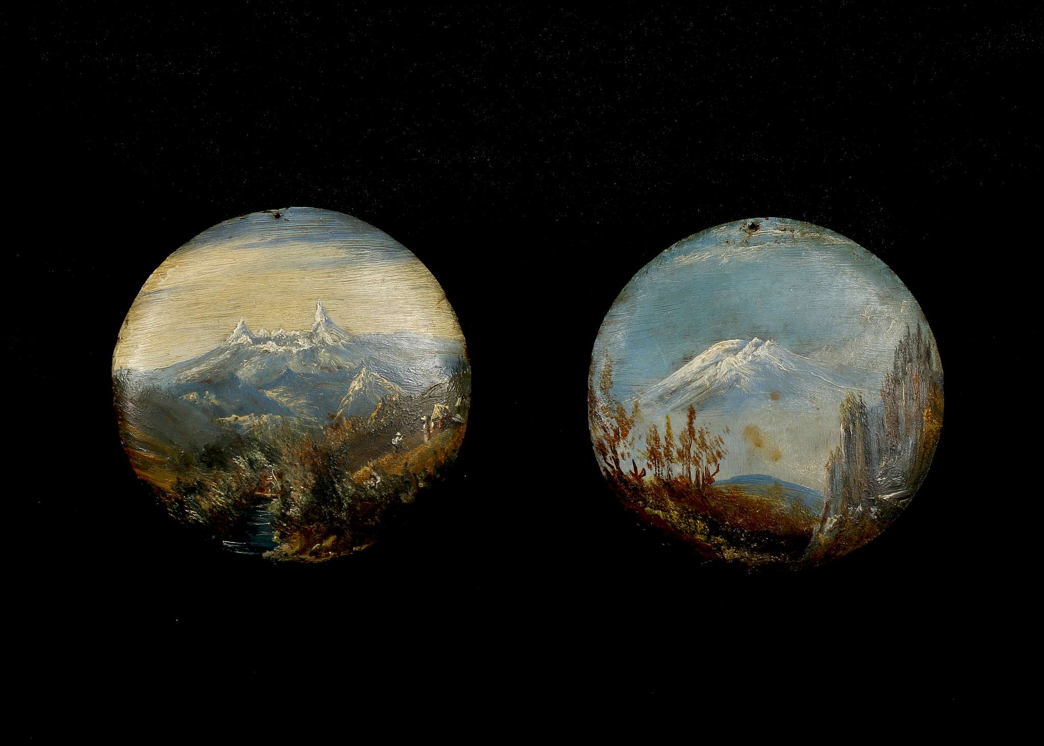 A pair of Swiss Alpine landscapes, oil on copper, c.1900, 11.4cm diameter.