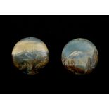 A pair of Swiss Alpine landscapes, oil on copper, c.1900, 11.4cm diameter.