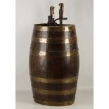 A late Victorian brass-banded oak peat bucket, together with French bayonets re-formed as fire tools