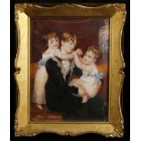 A Victorian portrait miniature, study of a family gathering, on ivory, info verso, Harry & Eliza