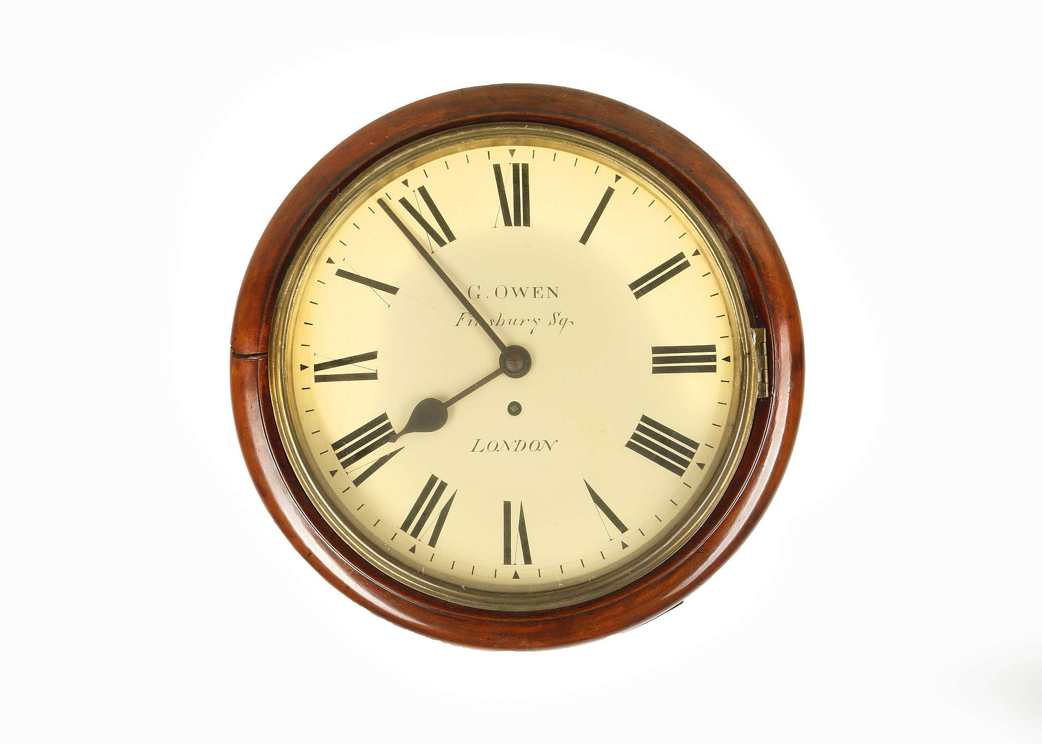 G. Owen of Finsbury Square, London, mahogany school / railway clock, late 19th Century, brass