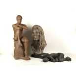 A modern design terracotta bust with two others terracotta models of human figures, bust: 44cm,