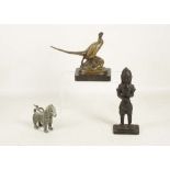 A bronze cock pheasant desk weight on marble base, Benin bronze figure holding a fish head, 21cm