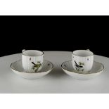 A PAIR OF MEISSEN ORNITHOLOGICAL CUPS AND SAUCERS, late 19th century, painted with vignettes of