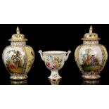 A PAIR OF DRESDEN COVERED VASES AND A COALPORT VASE, circa 1870 and later, the Dresden vases from