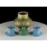 TWO PILKINGTON'S ROYAL LANCASTRIAN POTTERY VASES AND A PAIR OF CANDLESTICKS, 20th century, the