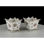 A FINE PAIR OF MEISSEN CACHEPOTS OR JARDINIERES, circa 1750-60, of tapering square shape, relief-