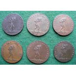 6 Varieties of the Manchester Halfpenny, a copper token of 1793, depicting a man carying a sack, and