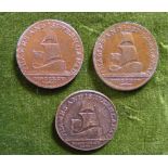 2 Varieties of Thames & Severn Canal halfpenny token, copper, 1795, depicting sailing barge, and