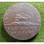 Basingstoke Canal shilling token, copper, 1789, depicting navvies tools and sailing vessel. In