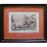 Framed glazed etching by Auguste Lepère (1849-1918) depicting the Seine at Pont Marie, Paris, with