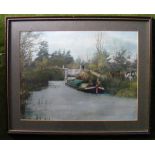 Framed glazed picture of scene on Basingstoke Canal, showing wide boat ‘Mapledurwell’ and lock. 45 x
