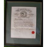 Framed glazed Share Certificate for the Wey & Arun Junction Canal Co. Share no 846 issued to William