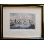 Three framed glazed hand-coloured engravings: ‘Ferrybridge’ [River Aire, with narrowboat and