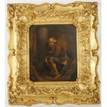 Circa early 19th Century, oil on zinc. 'The Hermit'. In a cave setting, a traveller rest. In a