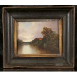 Mid 19th Century English school, oil on panel. 'Evening Riverscape'. Label verso for E.W. Evans.