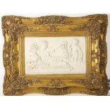 A contemporary composite marble plaque, classical study of Roman lady with Cupid and doves, after