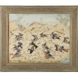 Indo Persian hunting scene painting, horsemen, swordsmen and spears in the chase of deer,