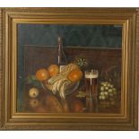 20th Century British school. Still life 'Fruits and Beer', oil on canvas board, indistinctly