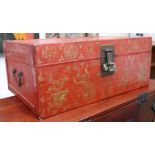 Chinese red lacquer box on stand with gilt dragon and heron decoration, brass lock, iron loop