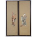 Pair of early 20th Century Japanese embroideries, studies of an elderly man with staff & lady with a