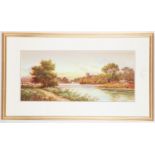 F.Waite, A pair of landscape watercolours with river and figures. Signed. Mounted, glazed and