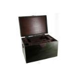Green leather bound trunk, steel hasps, fitted interior with trinket layer shelf, 60cm wide