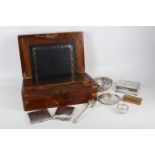 Two H.M.S cigarette cases, a silver compact, EPNS bowl, salt, cigarette tube and weight, and a