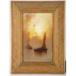 A late 19th/early 20th century painting of sail boats at sunset, oil on board, indistinctly signed