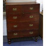 A late Victorian mahogany brass mounted campaign secretaire chest, three long and two short drawers