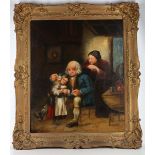 A Victorian painting of a family in a parlour, oil on canvas, 75cm x 61cm, swept gilt frame